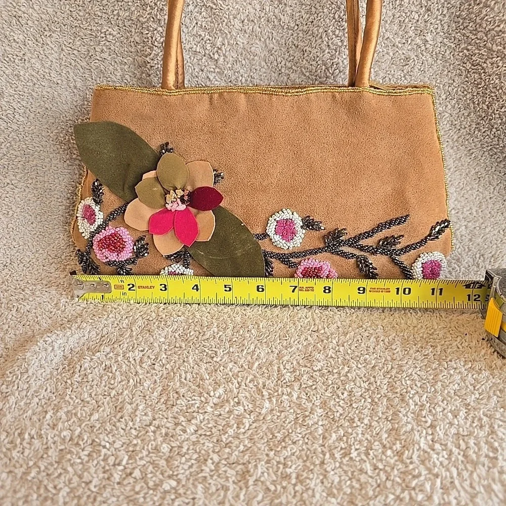 C. Marie Beaded Purse Handbag‎ Brown Suede Floral Design Boho Colorful